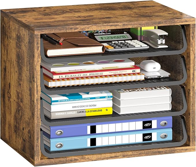 Simple Trending 4-Tier Desk File Organizer, Paper Organizer, Rustic Brown | Adjustable Letter Trays, Wood Desktop File Sorter, Farmhouse Style, for Office Home Classroom, 10.75"D x 15.2"W x 11.8"H