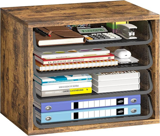 Simple Trending 4-Tier Desk File Organizer, Paper Organizer, Rustic Brown | Adjustable Letter Trays, Wood Desktop File Sorter, Farmhouse Style, for Office Home Classroom, 10.75"D x 15.2"W x 11.8"H