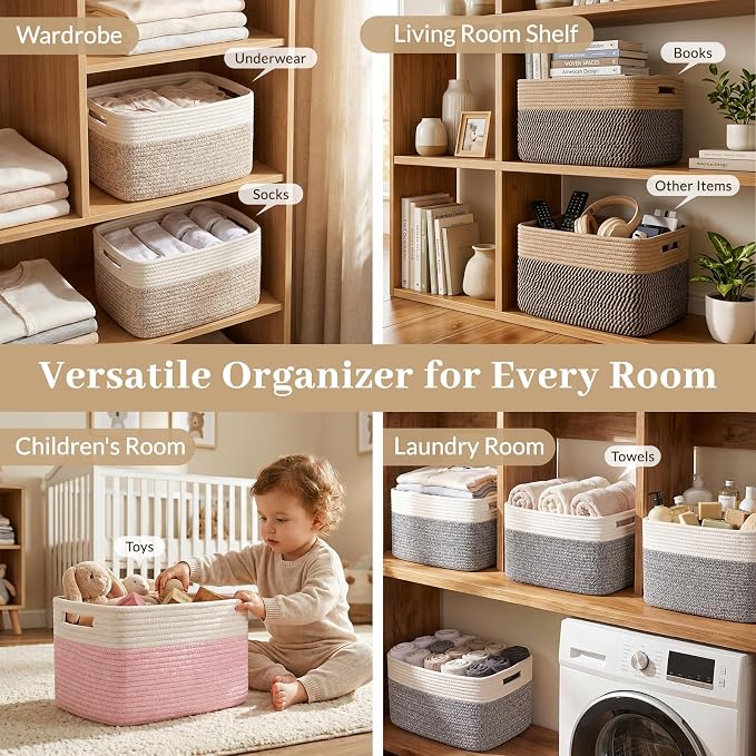 OIAHOMY 4 Pack Storage Basket, 13"x9"x7.8" Cotton Rope Baskets for Shelves, Closet Organizer for Bedroom & Living Room, Soft Decorative Bins for Organizing Towels, Books & Toys, Deep Brown & White