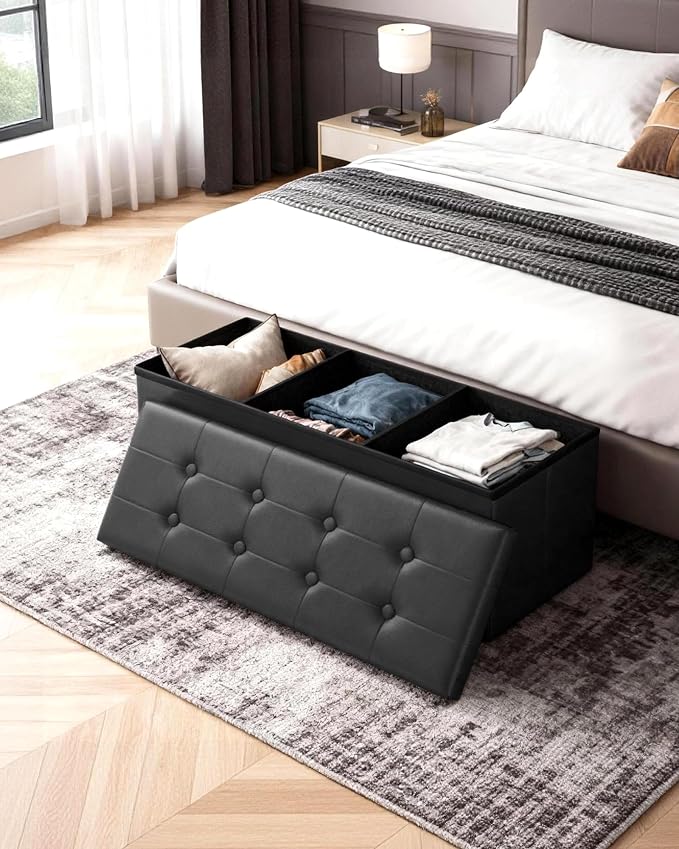 LITZFUR 43" Storage Ottoman Bench, Folding Faux Leather Chest, Black | Stroage Box with 2 Dividers, Foot Rest Stool, Padded Seat for Bedroom, Entryway, Living Room