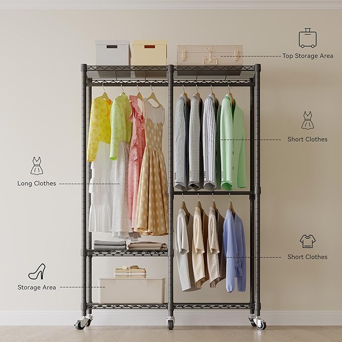 Higeego H9 Heavy Duty Rolling Clothes Rack with Cover, Covered Garment Rack with Wheels and Shelves, Wardrobe Closet, Portable Closet for Hanging Clothes, Black Clothing Rack with Grey Cover