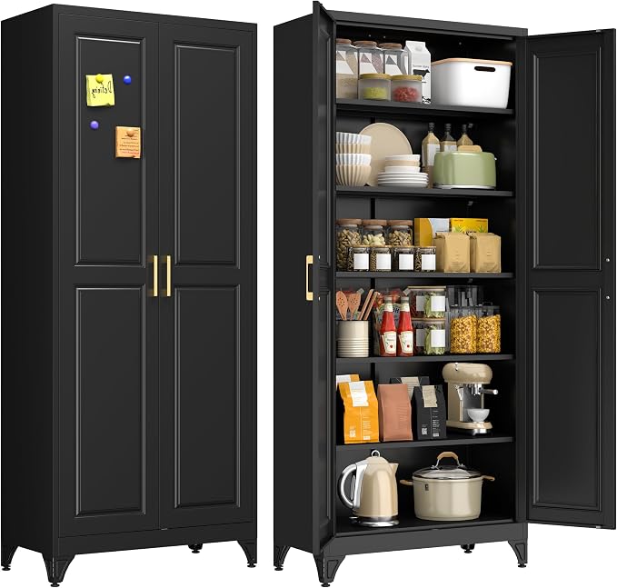 75" Tall Black Metal Storage Cabinet with Doors, Heavy Duty | Freestanding Steel Kitchen Pantry Cabinet, 5 Adjustable Shelves (180 Lbs Load), Tall Cabinets for Home, Office and Garage