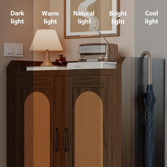 6-Tier Shoe Cabinet Storage for Entryway, Rattan Shoes Organizer Cabinets with Doors, Wooden Shoe Rack, Farmhouse Boho Wood Storage Cabinet (Walnut, 6-Tier)