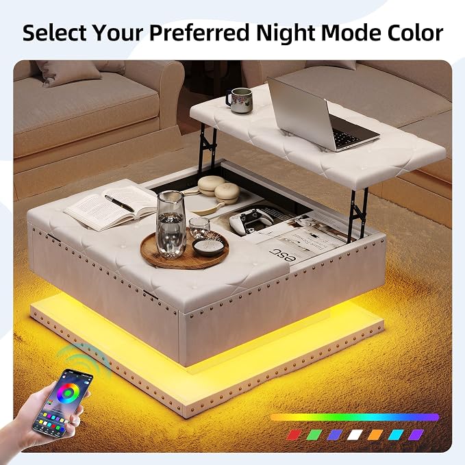 Large Square Ottoman with Storage, Square Storage Ottoman Coffee Table | Coffee Table Storage Ottoman Bench with Lift Top and Two Tier Drawers, LED Ottoman Bench with Charging Station,Beige