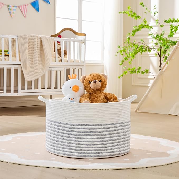 KAKAMAY Large Blanket Basket with Handles, Storage Basket for Living Room | Extra Large Capacity | Natural Cotton Rope | Blanket Storage | Woven Storage Basket | Stuffed Animal Storage | Laundry Basket