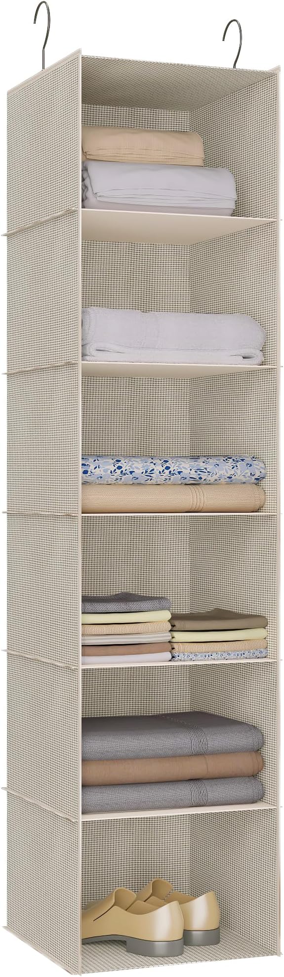 Hanging Closet Organizer 6-Tier, Oxford Wardrobe Storage, Beige Houndstooth | Easy-mount foldable design holds clothes, handbags, shoes & accessories; washable Oxford fabric, sturdy and space-saving.