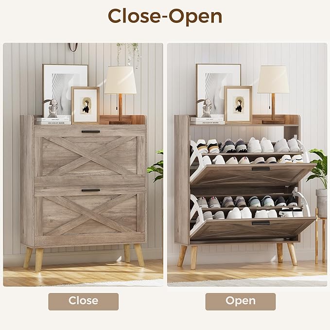 Homleke Farmhouse Shoe Storage Cabinet with Flip Drawers & Barn Door Design | Slim Narrow Shoe Rack Cabinet with Adjustable Shelves & Hidden Storage for Entryway, Foyer, Hallway, Living Room, Greige