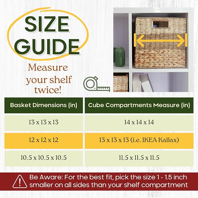 CHI AN HOME 12x12 Baskets for Cube Storage, Wicker Cube Storage Bins Set 4 | 12x12x12 Storage Bins, Foldable Square Baskets For Cube Shelves, Kallax Woven Bins, Versatile Storage, Natural Water Hyacinth