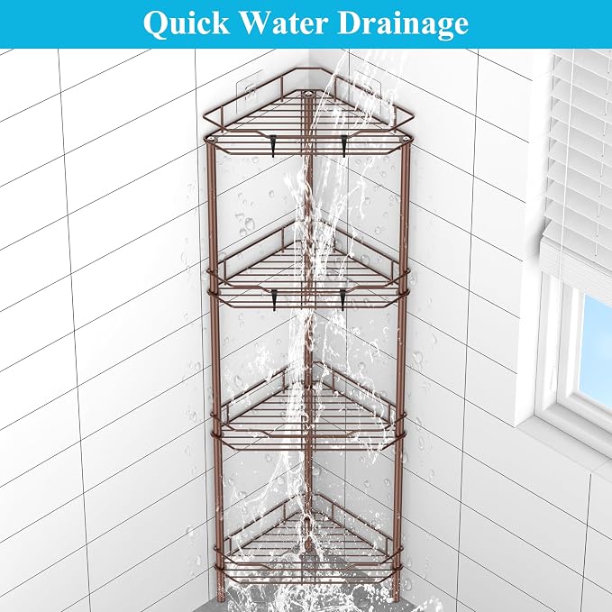 HuggieGems 4 Tier Floor Standing Corner Shower Caddy Organizer Shelf with Hooks, Bathroom Shelves Stand Rack, Coffee