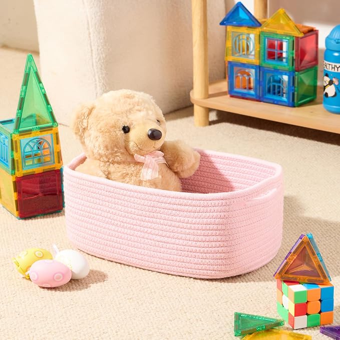 MiniArk Small Storage Baskets for Organizing | Closet Organizer Bins | Shelf Toy Basket | Woven Rope Baskets | Cube Decorative Box | Shallow Basket | 13x8.5x5.1” | 3 Packs Light Pink