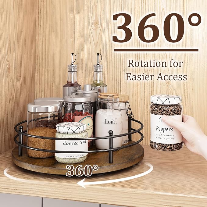12" Lazy Susan Turntable Organizer,Round Wooden Lazy Susan Organization and Rotating Spice Rack for Dining Table,Pantry,Kitchen Countertop,Vanity,Cupboard and More. (Heightened Version,Round)