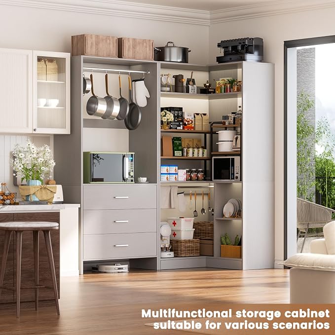 Aheaplus Closet System with 3 Drawers, 2 Hanging Rods & Corner Tower, Corner Closet System with Hanging, L-Shaped Walk-In Wardrobe Organizer, 1300+ lbs Capacity, Set of 2, Grey