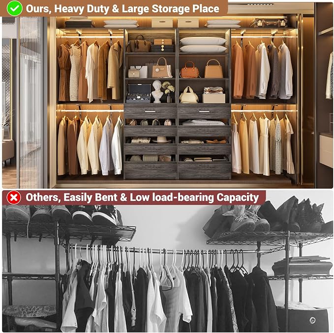 Aheaplus Closet System with 8 Wooden Drawers, Wood Closet Organizer System with Tower, Walk-in Closet Organizer Wardrobe Clothes Rack with 4 Hanging Rods, Garment Rack, Cut to Fit 7-12Ft, Black Oak1