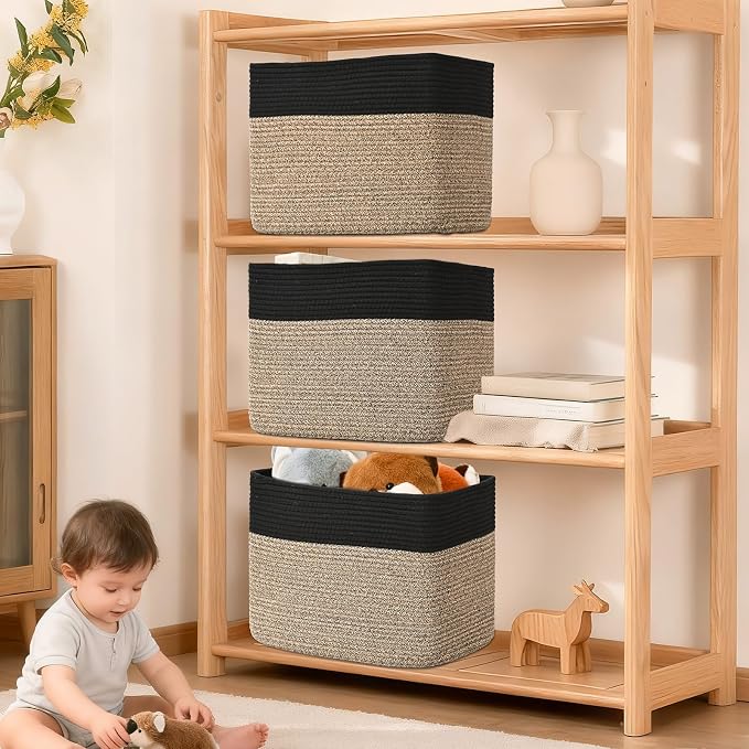 3 Pack Cube Storage Bin, 17”x12”x12” Cotton Rope Woven Baskets for Organizing Toys Clothes Towels, Square Gift Storage Baskets for Shelves, Nursery, Closet, Bathroom, Pantry (Black & Brown)