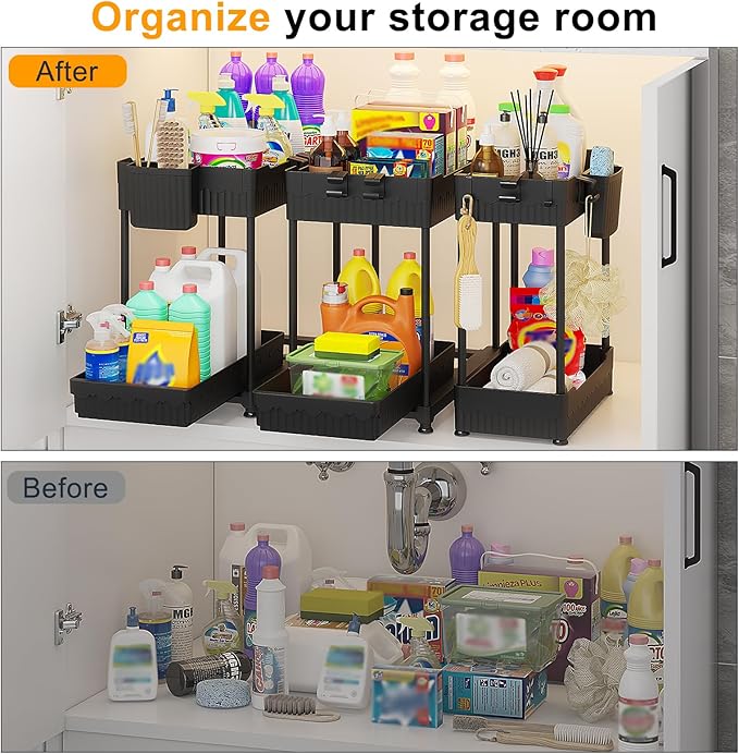 Sevenblue 3-Pack 2-Tier Under Sink Organizers with Sliding Drawers | Multi-use kitchen & bathroom storage, 14.8 inch black cabinet organizer, space-saving sliding drawer design.