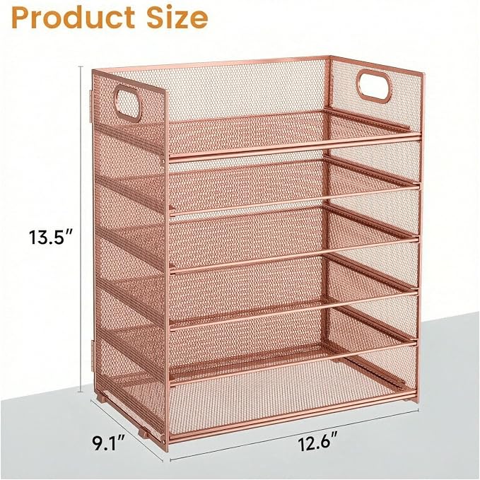 6 Trays Paper Organizer with Handle - Mesh Desk File/Letter Paper Sorter Organizer for Office, Home or School (Rose Gold)