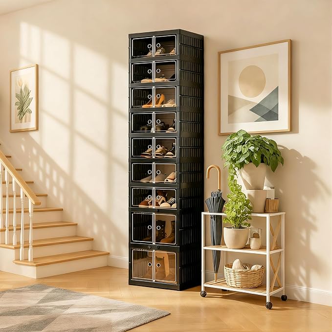 Foldable Shoe Organizer Storage Box Set of 2, Portable Extra Large Folding Shoe Rack for Closet, Shoe Storage Box with Magnetic Transparent Door and Wheels, 9 Layers 18 Grids with 4 Big Grids