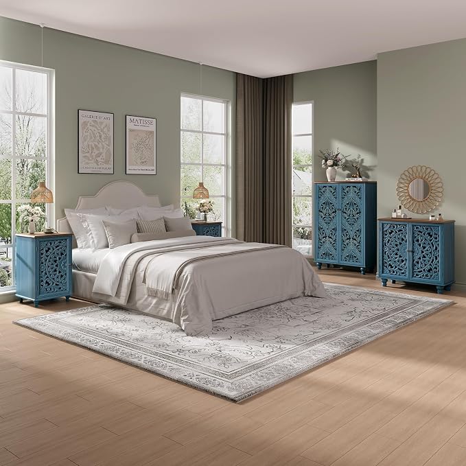 JOINICE Small Accent Cabinet with Hand-Carved Door for Living Room/Bedroom | Hand-Carved Floral Design, Farmhouse/Rustic Style, Space-Saving, Sofa Table, Solid Wood Legs, Adjustable Shelf, Easy Assembly