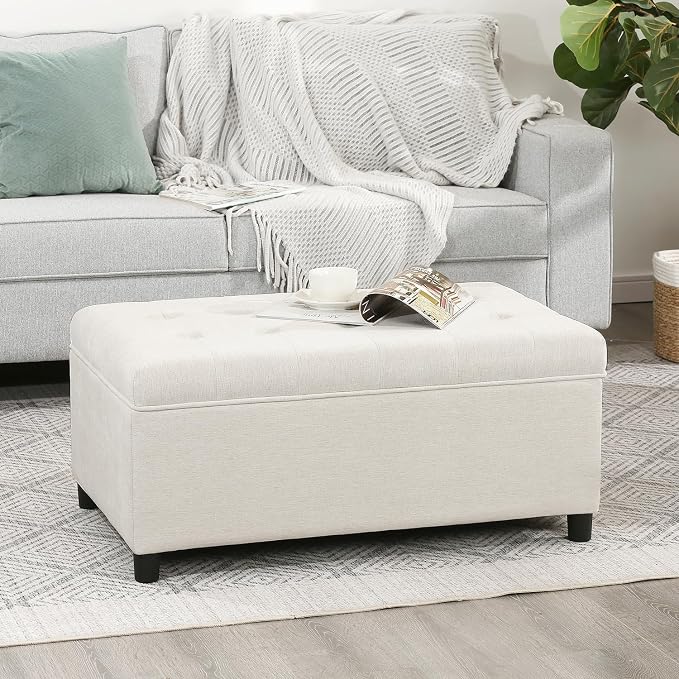 Joveco Rectangular Lift Top Storage Ottoman Bench, Linen Storage Bench for Living Room Entryway Bedroom,Linen Beige