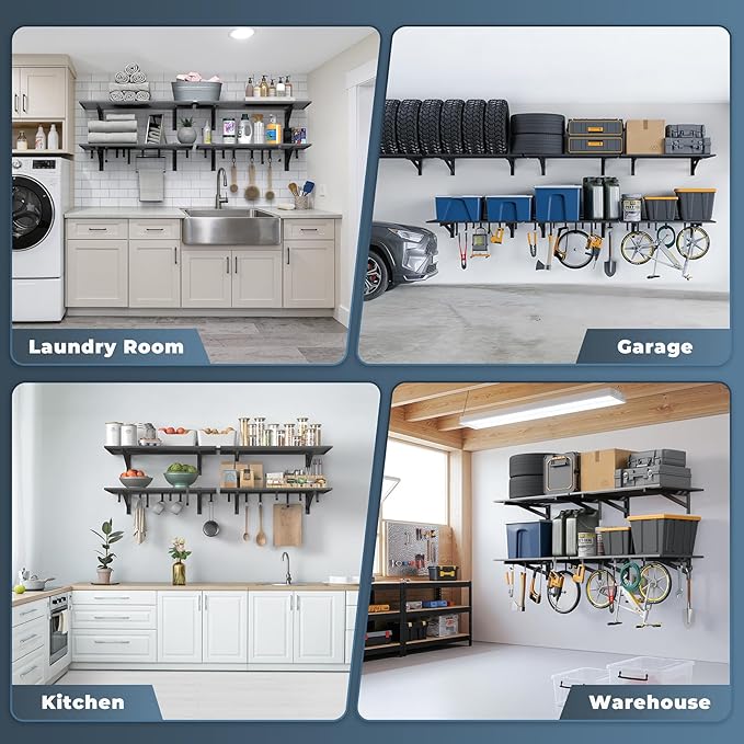 Jusgym 4-Pack 2x3ft Garage Shelving Wall Mounted, 2' x 3' Heavy Duty Garage Storage Shelves with Hooks, 1000LB Capacity