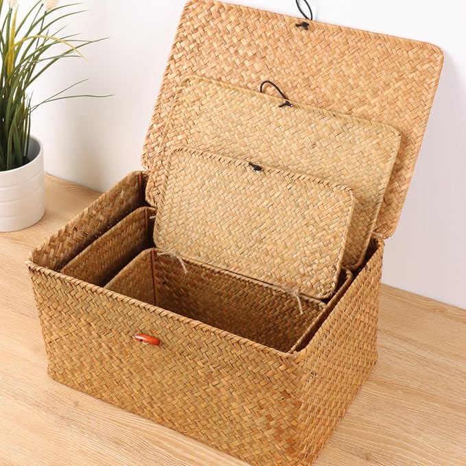 Moosky Wicker Shelf Baskets with Lid,Natural Seagrass Storage Basket Boxes Handwoven Rectangular Baskets Bins Multipurpose Home Organizer Decor (Small)