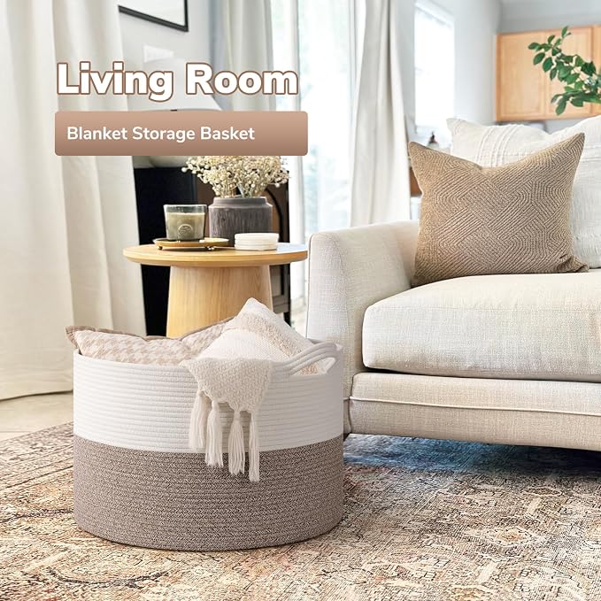 Goodpick 65L Large Woven Rope Basket for Blankets Living Room, 65L | 19.7 x 19.7 x 12.6 In Woven Basket for Storage, Kids Toy Storage for Playroom, Laundry Basket for Towels,Mele
