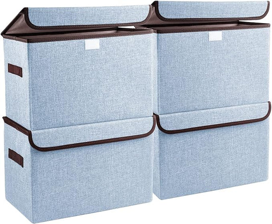 Bagnizer Foldable Storage Bins with Lids, Decorative Storage Baskets, Large Storage Boxes for Home, Office, Bedroom, Closet, Blue, Medium, 4 Pack 14.6 x 9.5 x 9.5”