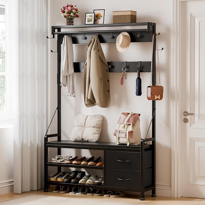 Coat Rack, 39.4” Hall Tree with Shoe Storage Bench, Black | 5 in 1 Entryway Furniture Organizer, 21 Hooks, 2 Fabric Drawers, Handy Clothes Rail
