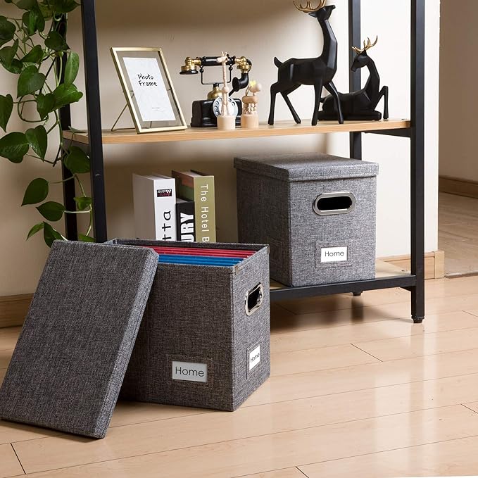 File Organizer Box - Set of 4 Collapsible Decorative Linen Filing Storage Hanging File Folders with Lids Office Cabinet Letter Size Grey (14x9.3x10.8 inch)