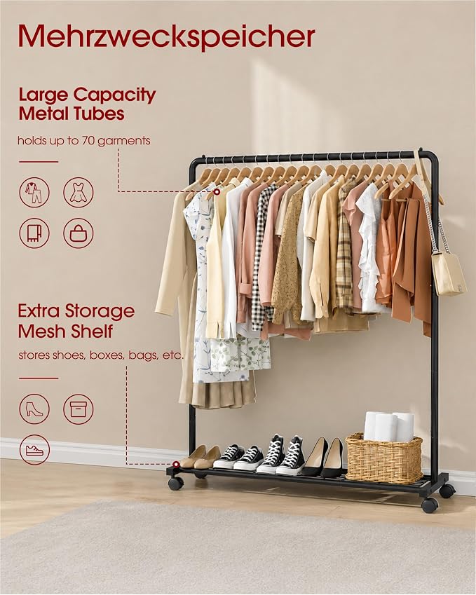 Sakugi Clothes Rack - Clothing Rack with Storage Mesh Shelf & Casters, Heavy-Duty Metal Clothing Rack for Hanging Clothes, Dresses, Coats, Large Load Capacity, Easy Assembly, Black, 44.3"x16.9"x59.0"