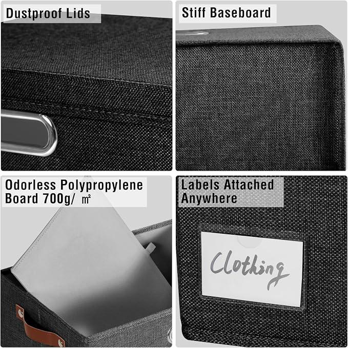15" Large Collapsible Storage Bins with Lids, Stackable Closet Organizers with PU Handle and Labels, 3-Pack Decorative Fabric Storage Boxes for Home, Bedroom, Closet, Office, Nursery(Black)