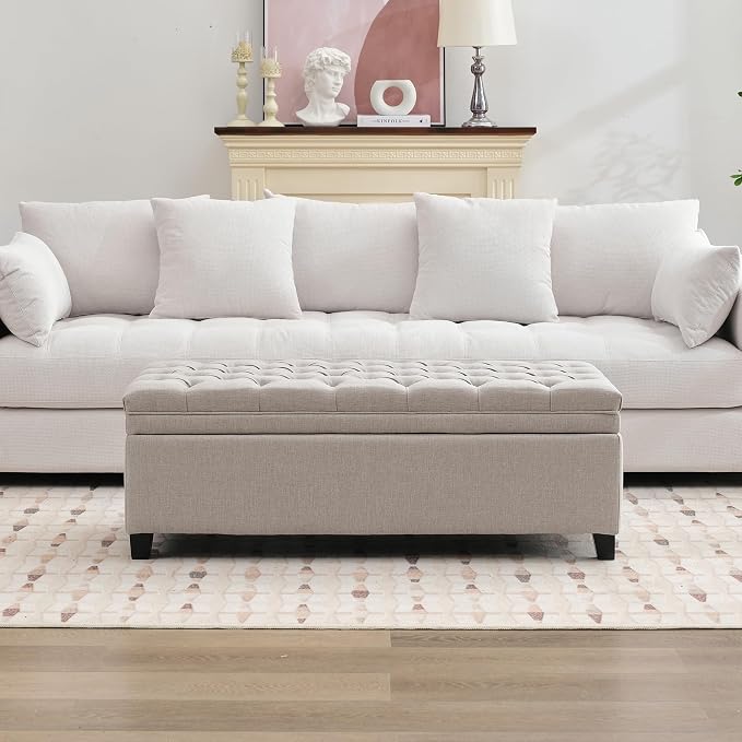51" Storage Ottoman for Bedroom & Living Room, End of Bed Bench with Black Wooden Legs, Linen Upholstered Tufted Ottoman, Entryway Storage Bench, Beige