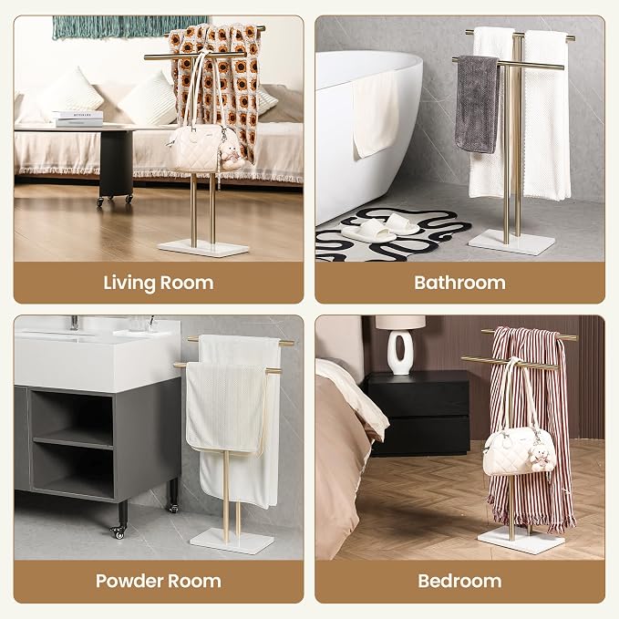 Free Standing Towel Rack for Bathroom - Satin Gold Finish - Stand Alone 2 Tier Stainless Steel Towel Rack for Bathroom Floor with Heavy Marble Base, Double T Shape Drying Stand for Towels