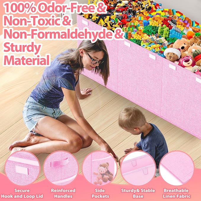 Large Toy Storage Box with Lid & Dividers, Collapsible Kids Toy Chest, Pink | Toy Box for Boys, Girls, Nursery, Bedroom, Living Room, Playroom, 40X14X16 inches