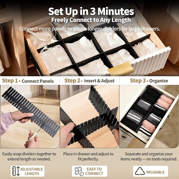 Drawer Divider Adjustable Diy Storage Organizer Separator for Tidying Clutter Cutlery Makeup Clothes of Dresses, Desk & Box in Kitchen Bathroom Bedroom Office (Cut at Will) (Black 8pcs)