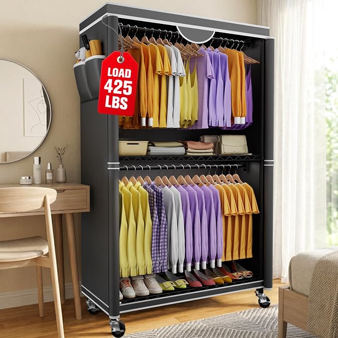 Clothes Rack With Cover, Heavy Duty Clothing Rack for Hanging Clothes | Rolling Garment Rack with Lockable Wheels, Metal Clothing Rack, Portable Closet 35.4"W x 17.1"D x 71.8"H, Hold 425 lbs, Black