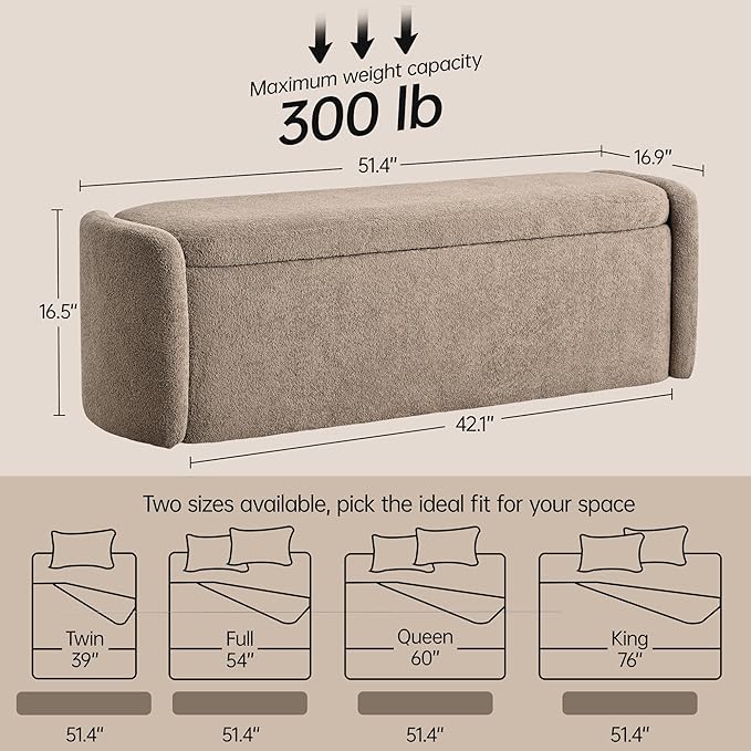 VKNOW Storage Bench, Upholstered Storage Ottoman Bench with Hinge, Brown | Ottoman Bench with Large Capacity, Curved Frame, King Size Bench, Storage Bench for Bedroom, Living Room, Entryway, Window