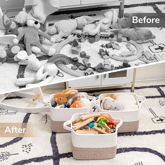 Goodpick Woven Rope Storage Basket, 13" x 10" x 9", White & Camel Mix | Gift Baskets Empty for Kids Toys & Towels, Shelf & Closet Organization, Built-In Handles, Natural Home Decor