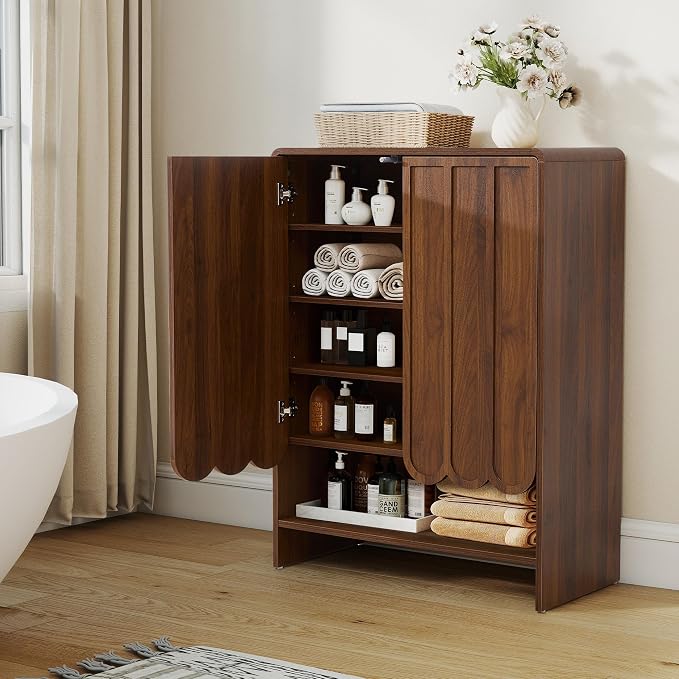 Shoe Storage Cabinet with Scalloped Doors, 5-Tier Wooden Shoe Cabinet with Adjustable Shelves, Shoes Rack Storage Organizer for Entryway, Hallway, Living Room, Walnut
