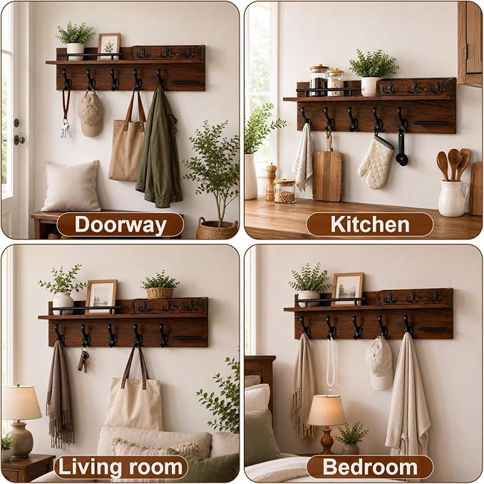 29" Wooden Wall Mounted Coat Rack with Shelf - 5-in-1 Entryway Organizer with 8 Hooks (5 Coat Hooks + 3 Key Hooks), Mail Holder & Display Shelf & glasses Hanger for Doorway, Bedroom, Garage Entrance