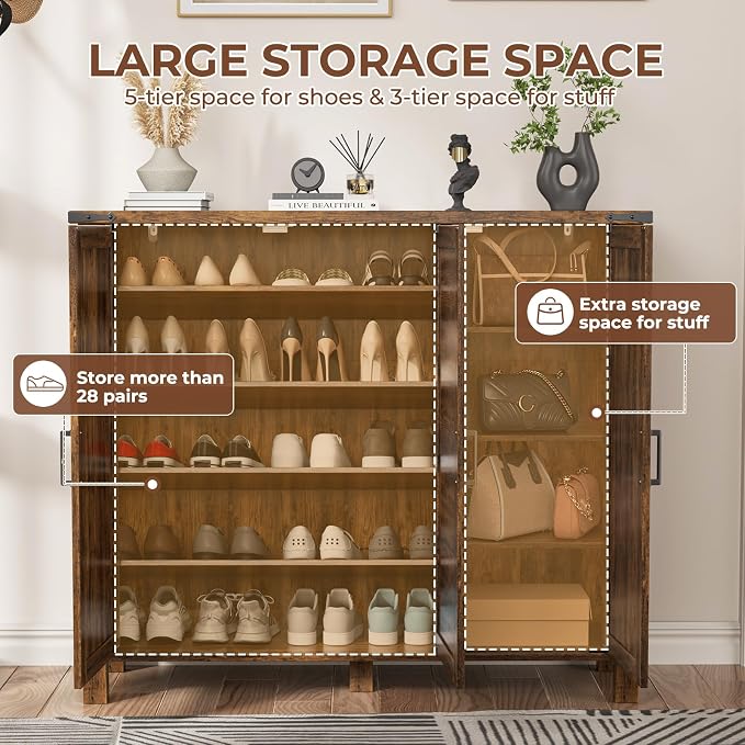 ALLSTAND 5-Tier Shoe Storage Cabinet, Farmhouse Shoe Rack Organizer Cabinet with 4 Adjustable Shelves & Side Cabinets, Freestanding Shoe Cabinet Storage with Anti-tip Fitting for Entryway, Brown