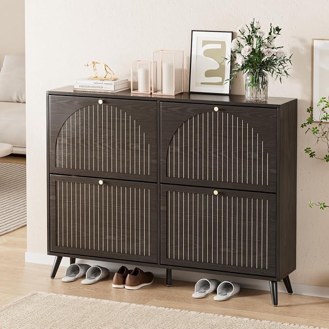 Fsbecl Shoe Storage Cabinet for Entryway with 4 Fluted Flip Drawers, Black | Narrow Design, Freestanding Shoe Rack with Adjustment Shelves, Wooden Hidden Organizer for Hallway Foyer, 16-24 Pairs