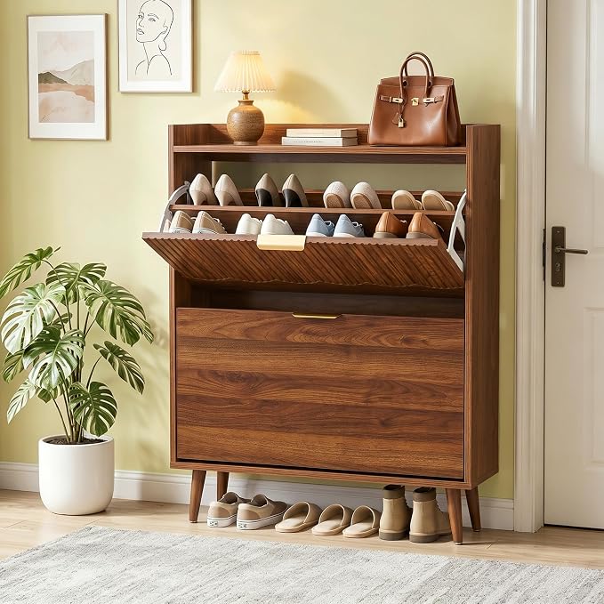 BERRYMERRY 30" Walnut Narrow Shoe Storage Cabinet with 2 Flip Drawers | narrow,entryway,adjustable feet,20 pairs shoe,shoe organize,hidden shoe rack,fluted panel,wave pattern,wood,space saving