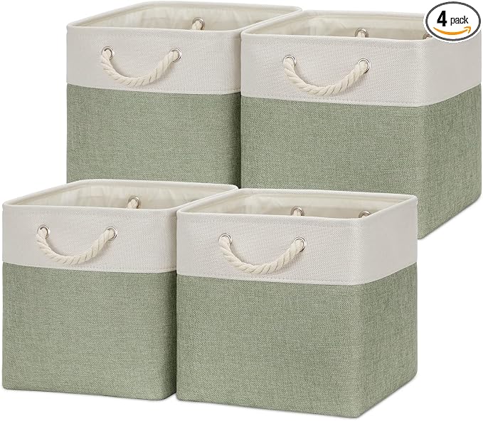 Temary Cube Storage Baskets for Shelves 12 Inch Storage Cubes 4pack Fabric Storage Baskets for Organizing Clothes, Closet Basket with Rope Handles for Home (White&Green)