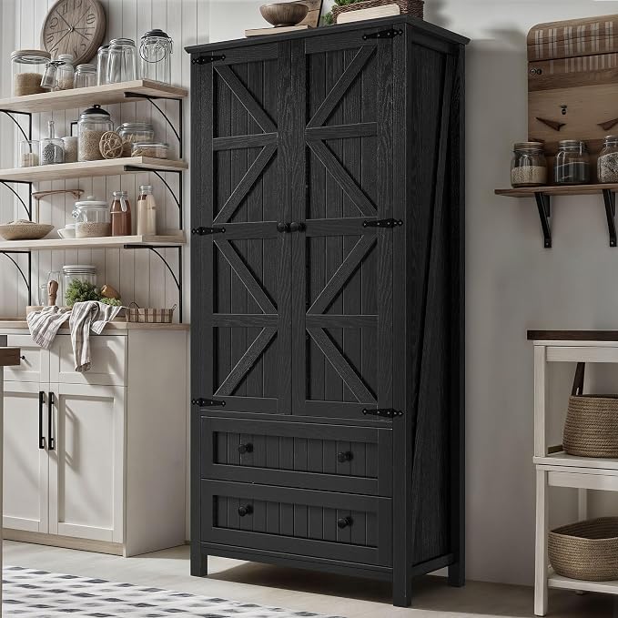 YITAHOME 64.5" Farmhouse Pantry Cabinet with 2 Drawers & Shelves, Oak Black | Tall Storage Cupboard for Living Room, Kitchen, and Hallway