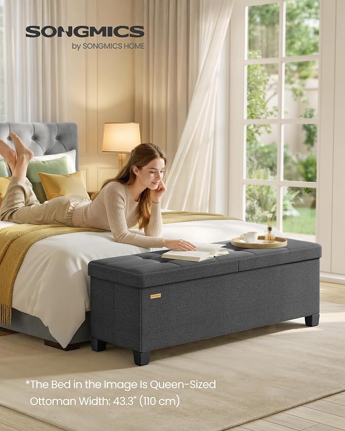 SONGMICS Storage Ottoman Bench with Legs, Folding Ottoman Foot Rest with Flipping Lid, Bench with Storage, for Living Room, Bedroom, Entryway, Linen-Look Fabric, 43.3 Inches, Slate Gray ULSF079GN01