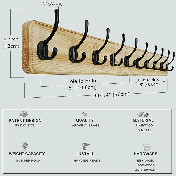 Coat Rack Wall: 38-1/4" Long, Patented, Heavy-Duty, 10-Double-Hooks Wooden Wall Mounted Coat Rack Coat Hanger Hook Rail for Winter Coats Hat Jacket Clothing, Light Brown