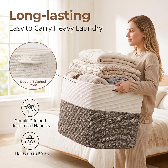 OIASKET 108L Cotton Rope Storage Basket for Living Room and Bedroom 25"x16"x16" Woven Laundry Basket, Heavy Duty Bin for Blankets, Pillows & Toys, Pet-Safe & Scratch-Free, Dark Brown and White