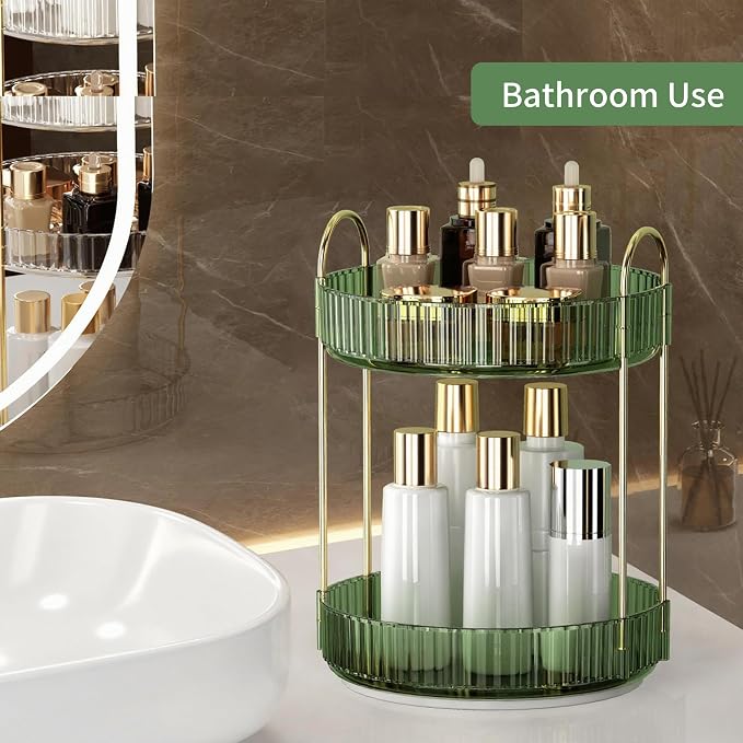 YCIA&DONE 360 Rotating Makeup Organizer and Storage for Vanity Countertop 2 Tiers, High Capacity Cosmetic Skincare Perfume Organizers for Dresser Bathroom Lazy Susan (Vintage Green)