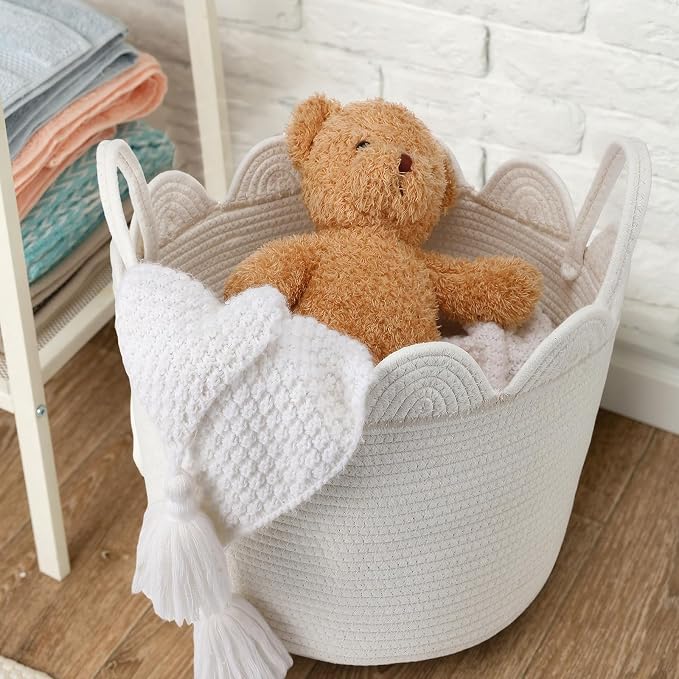 LemonRoad White Round Basket Large Blanket Basket 16" x 14" Scalloped Woven Baskets Cotton Storage Baskets for Nursery Classroom Closet Blankets Storage Home Decor